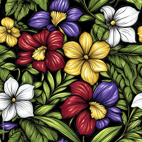 Wallpaper Mural Vibrant tropical flowers in red, yellow, purple, and white with lush green leaves Torontodigital.ca