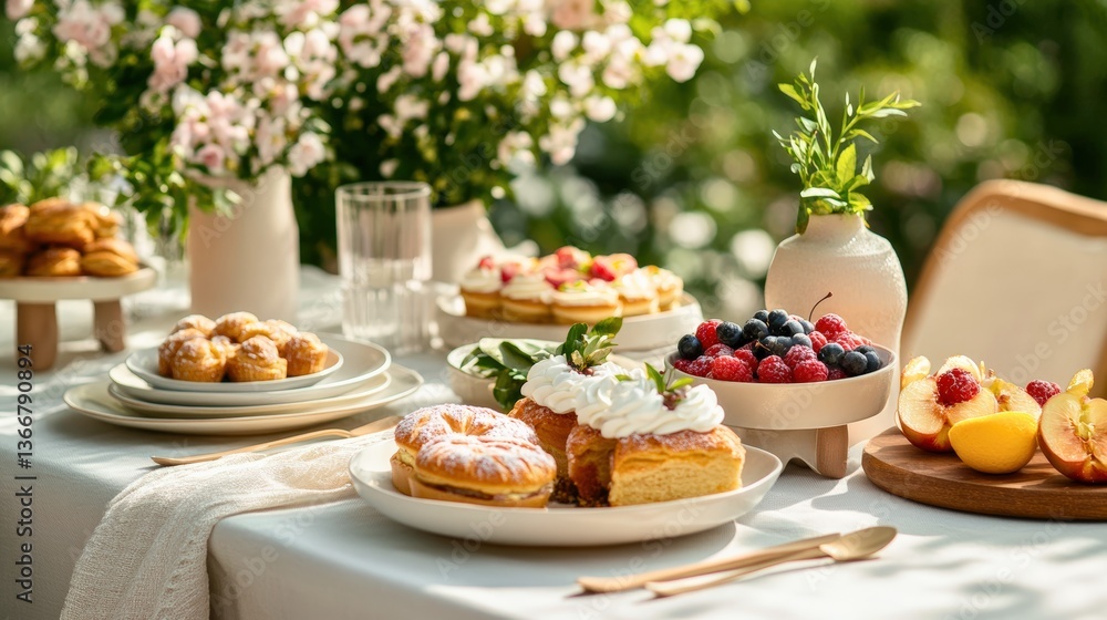 A table with a variety of desserts and fruit, including a donut, a cake A table with a variety of desserts and fruit, including a donut, a cake