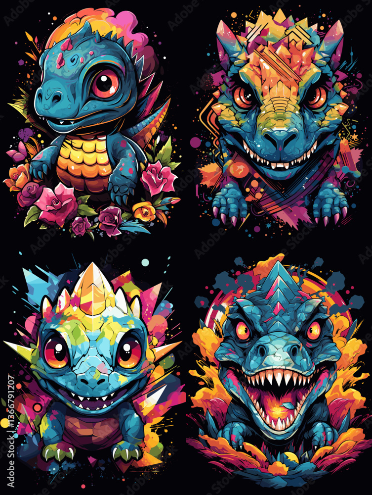 Colorful and expressive cartoon dinosaur illustrations in vibrant fantasy style. Perfect for children’s designs, fantasy games, and playful creative art projects. Colorful and expressive cartoon dinosaur illustrations in vibrant fantasy style. Perfect for children’s designs, fantasy games, and playful creative art projects.