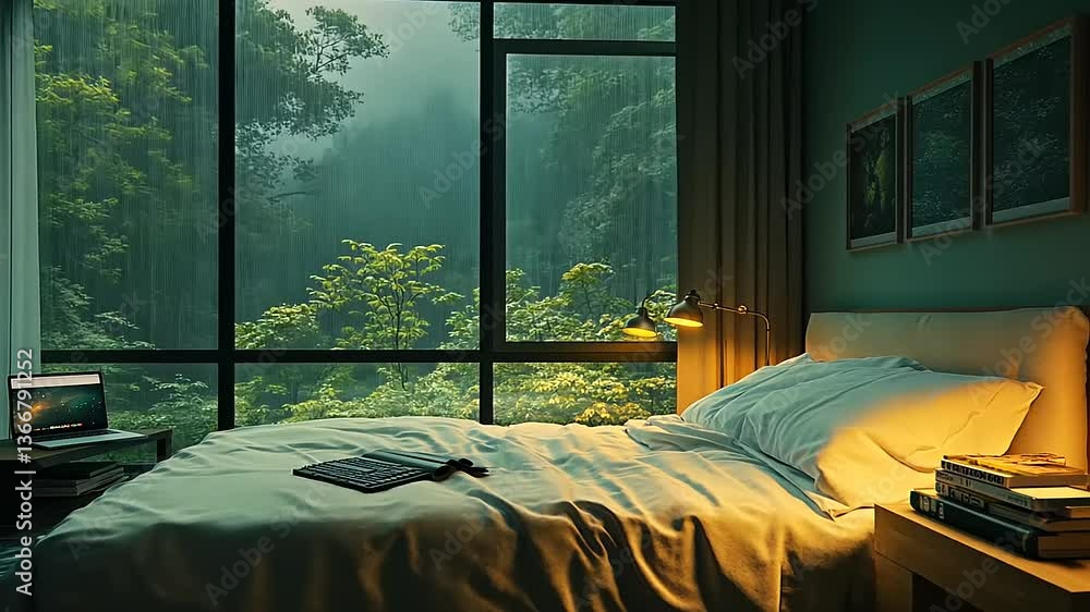 Rainy night bedroom window with soft green forest view through wet glass, cozy bed in foreground, intimate moody atmosphere