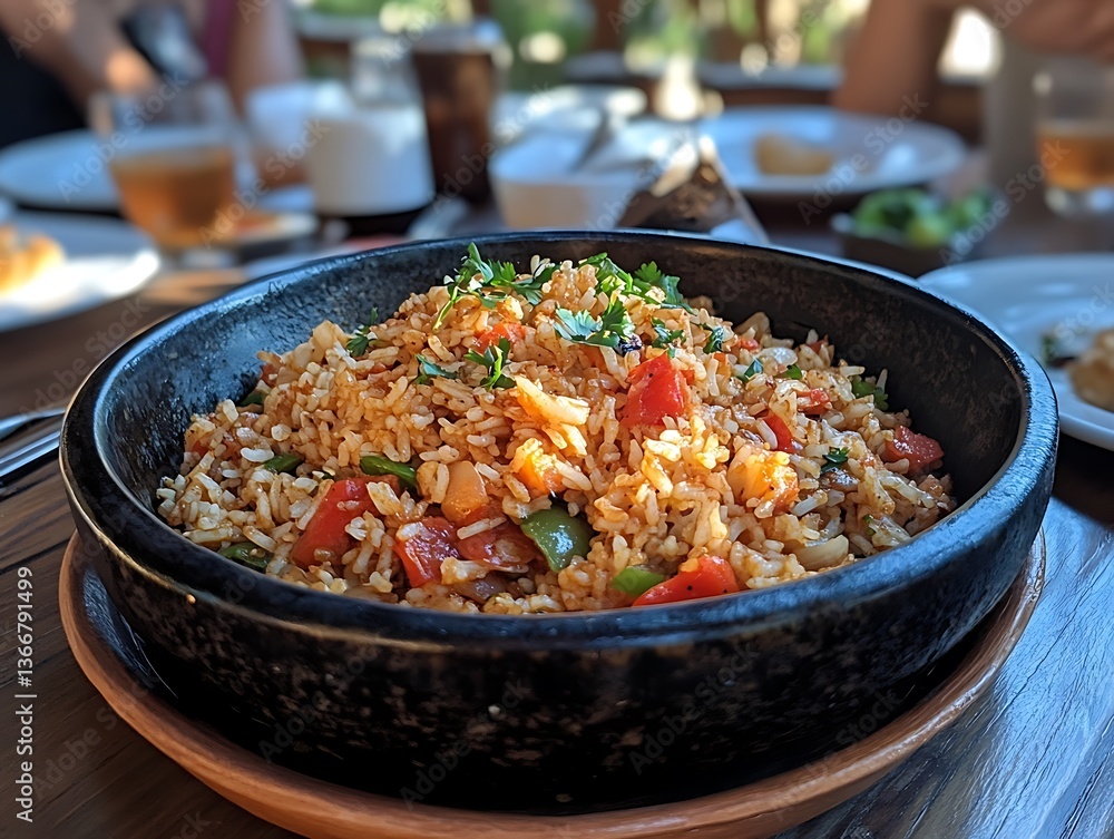 A colorful bowl of seasoned rice and fresh vegetables on display A colorful bowl of seasoned rice and fresh vegetables on display