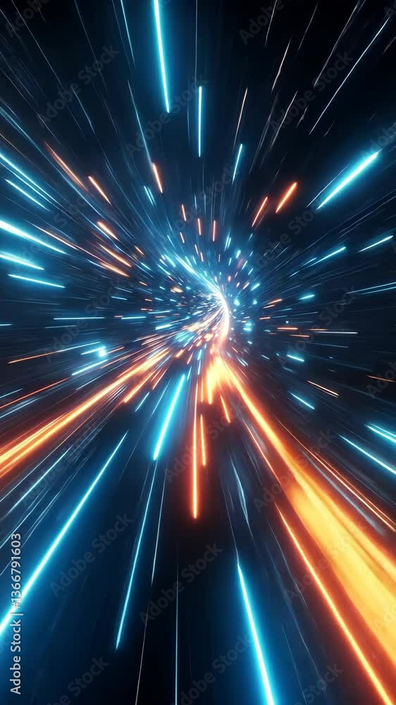 Streaks of light zoom across dark space in a futuristic, sci-fi display. Vertical. Streaks of light zoom across dark space in a futuristic, sci-fi display. Vertical.