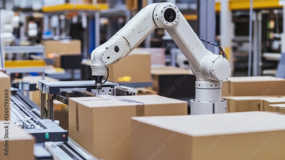 A robotic arm in a packaging automation plant, assembling packaging robots with AI precision for consumer goods, Packaging-tech style A robotic arm in a packaging automation plant, assembling packaging robots with AI precision for consumer goods, Packaging-tech style