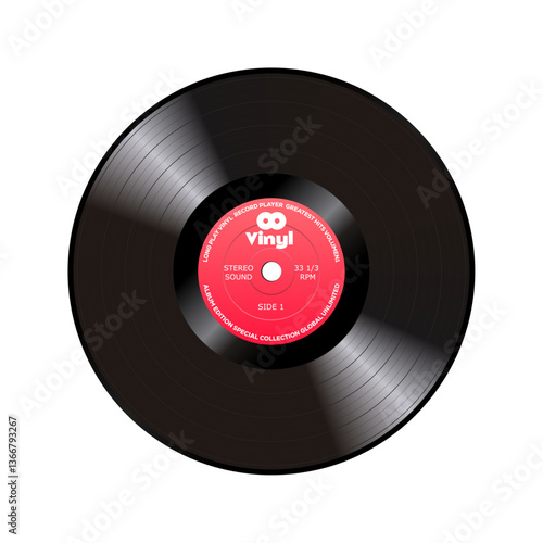 Long play vinyl record with red paper label isolated on white background.