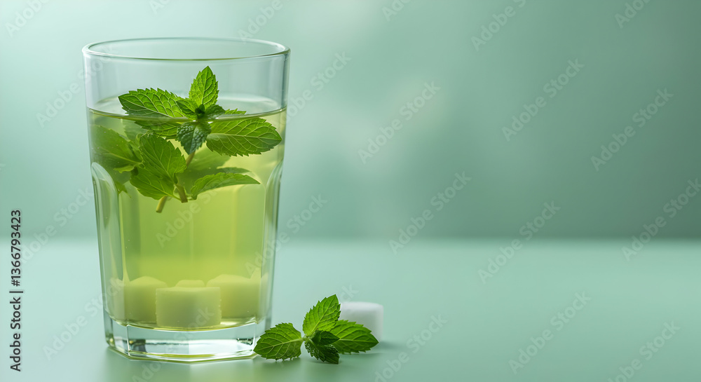 Refreshing Mint Tea In Glass With Sugar Cubes Refreshing Mint Tea In Glass With Sugar Cubes