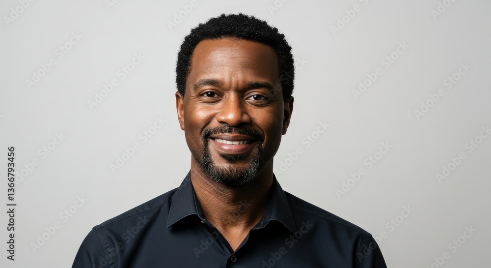Obraz premium Smiling Confident Middle-Aged Man in Dark Shirt on Studio Background