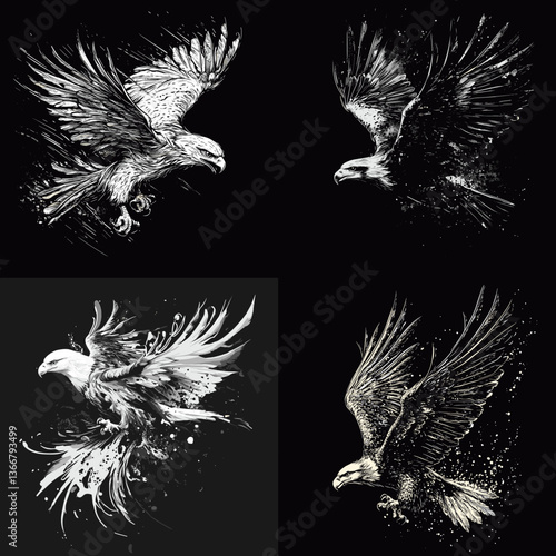 Dynamic eagle illustrations in flight with bold ink splashes and detailed strokes. Great for tattoo art, patriotic themes, wildlife posters, and powerful bird symbolism.

