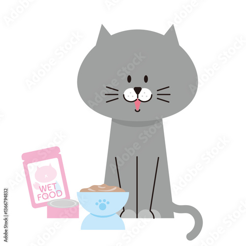 ウエットキャットフードを出されたグレーの猫のイラスト