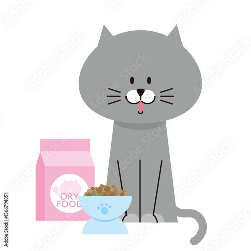 ドライキャットフードを出されたグレーの猫のイラスト