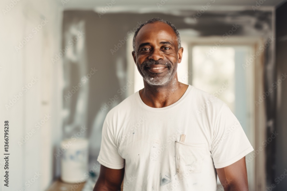 Obraz premium Portrait of a middle aged African American male plastering painter in the living room