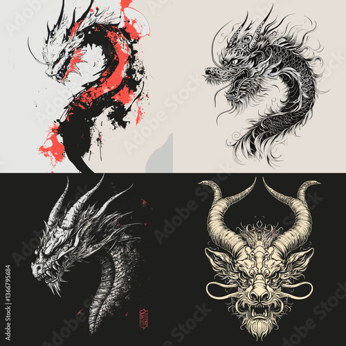 Fierce dragon illustrations with oriental and fantasy elements in detailed line art. Perfect for tattoo designs, mythology themes, fantasy art, and Asian-inspired decorations.

