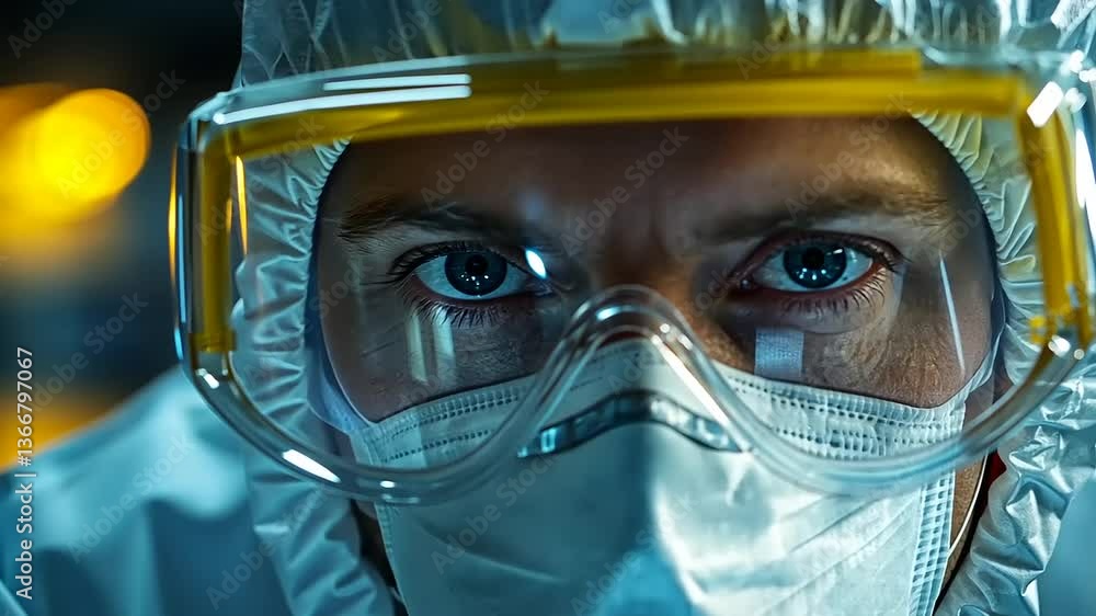 Close-up of a scientist in protective gear, focused on research in a high-tech laboratory setting Close-up of a scientist in protective gear, focused on research in a high-tech laboratory setting