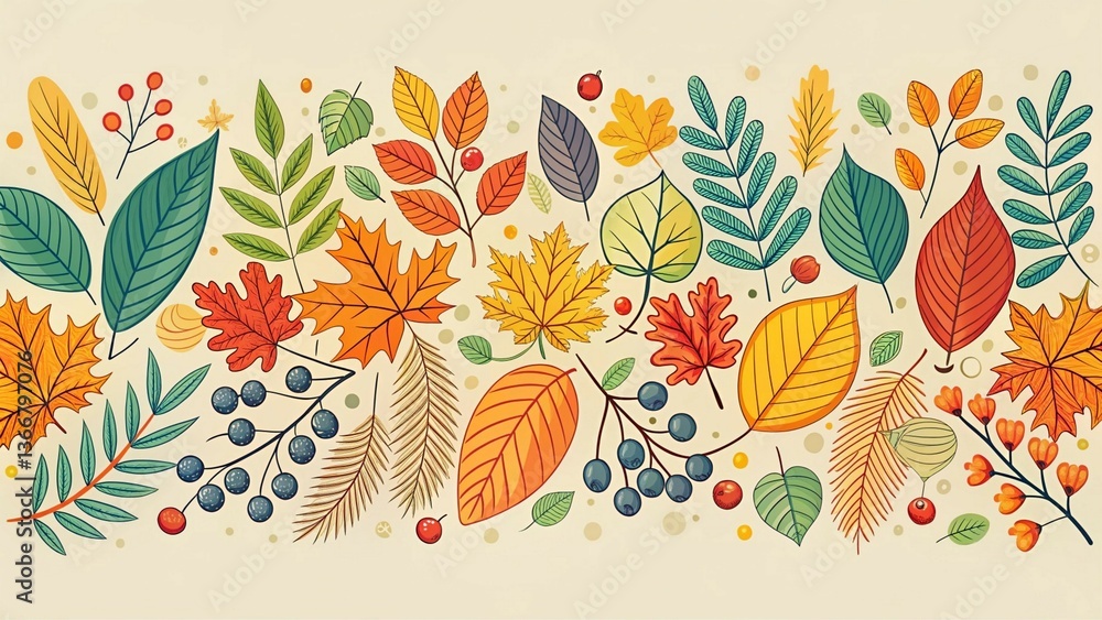 Hand-drawn autumn banner with colorful leaves and berries in retro tones. Flat doodle style. Vector art Hand-drawn autumn banner with colorful leaves and berries in retro tones. Flat doodle style. Vector art