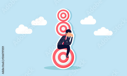 A businessman feels sad sitting on a target board with a pile of target boards pressing on his body, illustration of an overwhelming workload of unfinished tasks