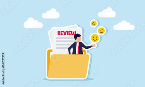 A businessman gives a happy emoticon emerging from a folder containing papers labeled REVIEW, illustration of a document about business review