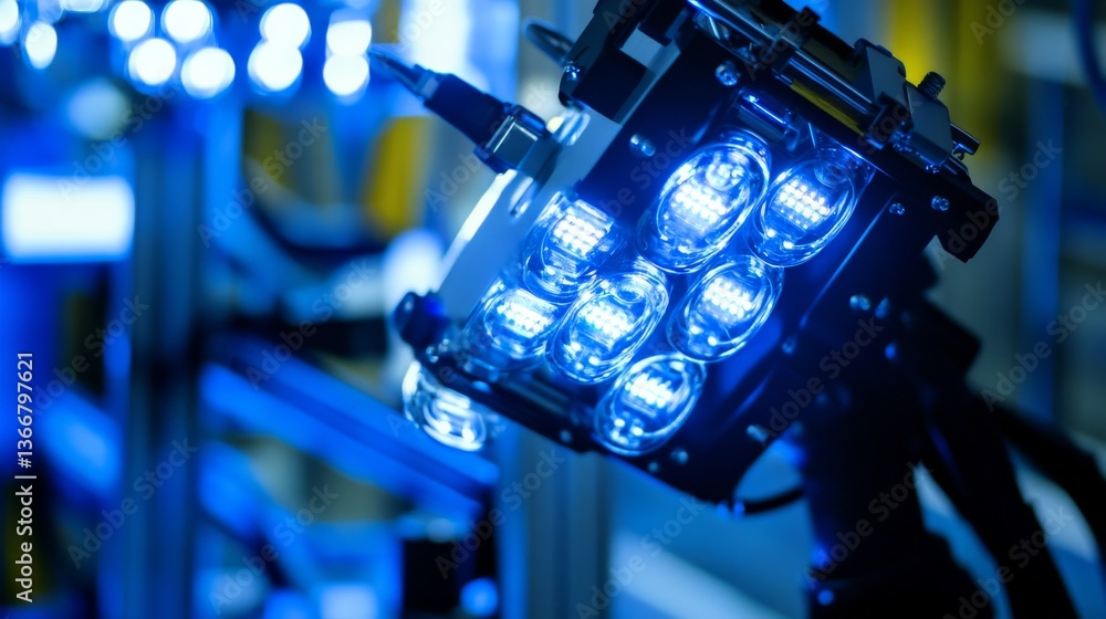 A robotic arm in a smart lighting manufacturing plant, assembling intelligent lighting systems with AI precision for energy-efficient buildings, Lighting-tech style