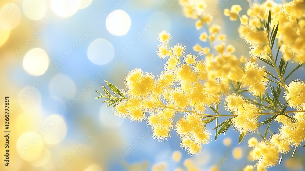 Blooming Mimosa Branch with Delicate Yellow Flowers and Soft Bokeh Lights Blooming Mimosa Branch with Delicate Yellow Flowers and Soft Bokeh Lights