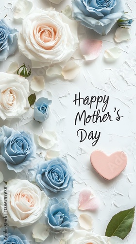 Handmade Mother’s Day card Elegant Mother’s Day floral Beautiful blue and white roses with a heart for Mother's Day celebration.
