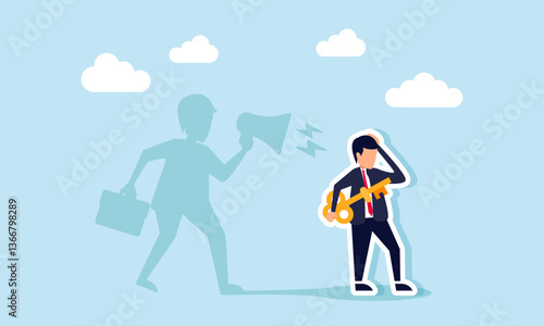 A sad businessman holds a key while his shadow behind him yells with a megaphone, illustration of lacking confidence in the given solution advice and needing motivation