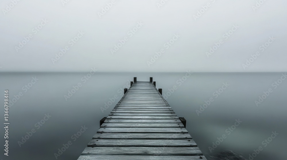 Naklejka premium Misty Lake Pier, Tranquil Calm, Peaceful Scenery, Outdoor View, Perfect for Backgrounds