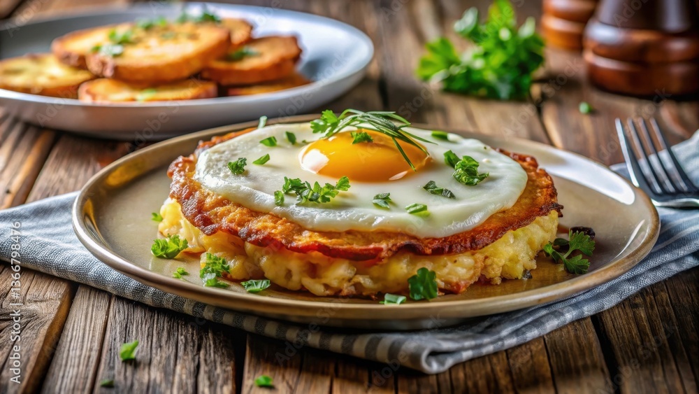 Delectable Fried Potato Cake Topped with a Sunny-Side Up Egg and Fresh Herbs on Rustic Wooden Table Delectable Fried Potato Cake Topped with a Sunny-Side Up Egg and Fresh Herbs on Rustic Wooden Table