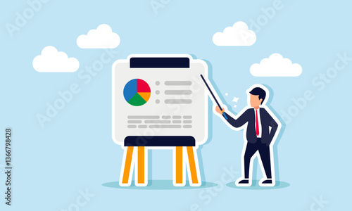 A businessman explains a board containing data and a pie chart, illustration of business market share socialization and education