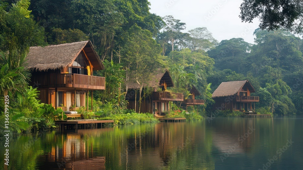 Fototapeta premium Tranquil retreat by the lake eco-friendly lodges rainforest peaceful setting aerial view nature escape