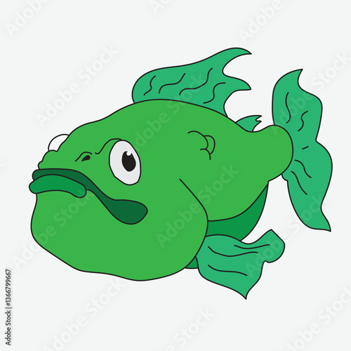 Cartoon green fish with a grumpy expression