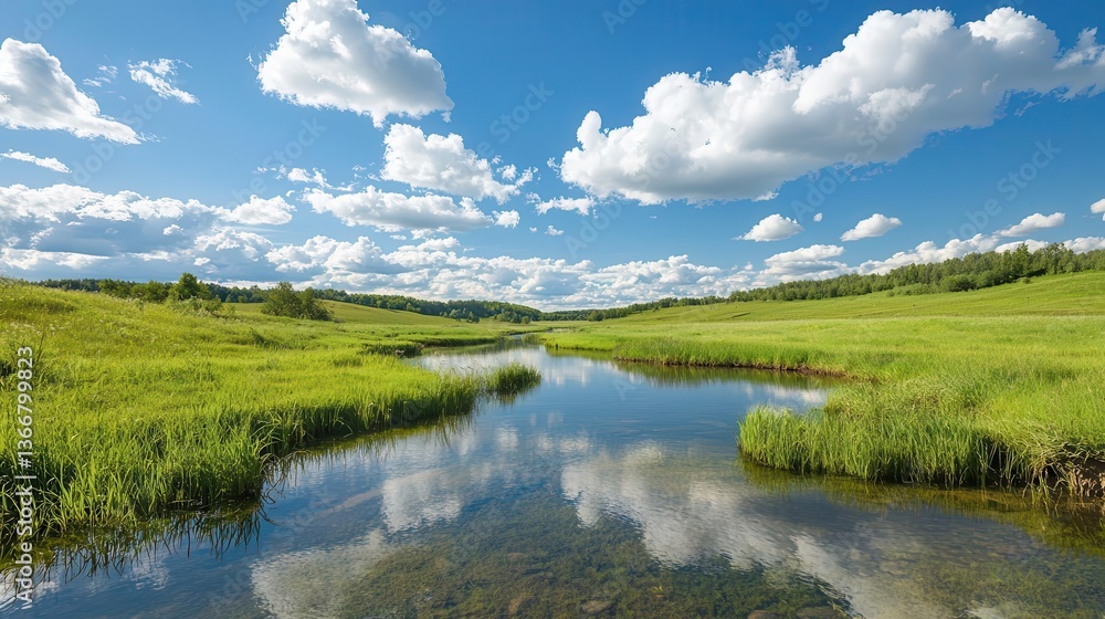 Bright and sunny day with fluffy white clouds over a vibrant green meadow, reflections in a small creek Bright and sunny day with fluffy white clouds over a vibrant green meadow, reflections in a small creek