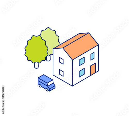 アイソメトリックの家イラスト。駐車場のある一戸建ての住まい。