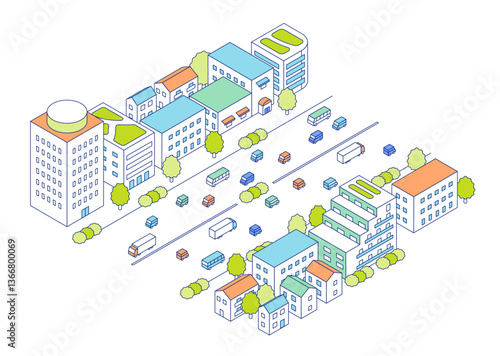 アイソメトリックの街と道路のイラスト。賑やかな通りと道路沿いに立ち並ぶアパートやビルなどの建物。