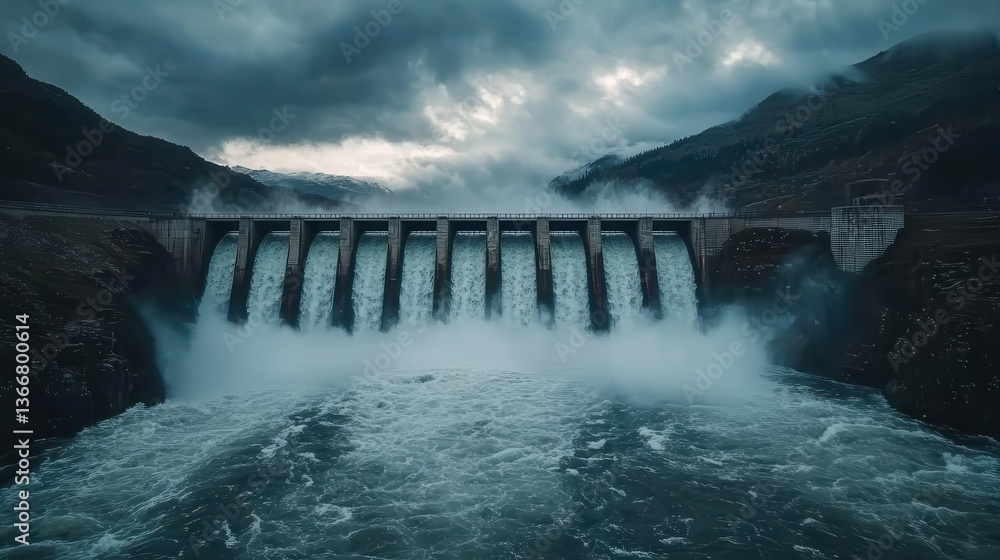 Concrete dam with powerful water streams gushing through, mist rising into the air, industrial power and energy concept Concrete dam with powerful water streams gushing through, mist rising into the air, industrial power and energy concept