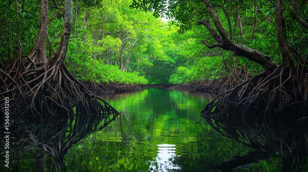 Dense mangrove forest with winding waterways and tangled roots, reflections in still water, exotic wetland ecosystem Dense mangrove forest with winding waterways and tangled roots, reflections in still water, exotic wetland ecosystem