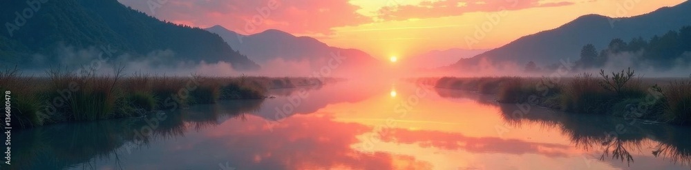 Misty dawn, river reeds reflect in still water, water, outdoor Misty dawn, river reeds reflect in still water, water, outdoor