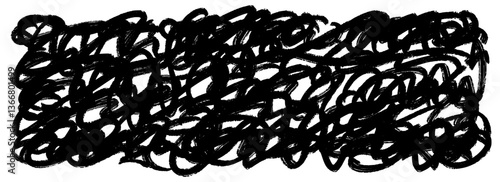 Black brush stroke scribbled texture. Hand drawn distressed grunge background for design template, banner, poster. Ink or paint doodled stroke wallpaper. Overlay pen scrawl backdrop. Vector