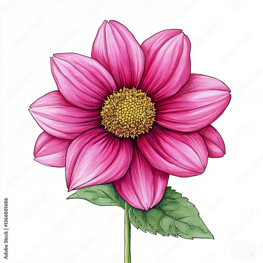 Obraz premium Pink Dahlia Flower Botanical Illustration with Yellow Center