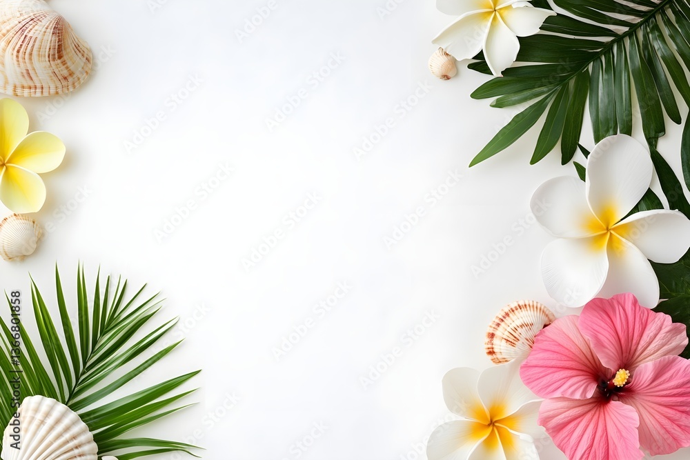 Obraz premium A white background with a pink flower and a shell