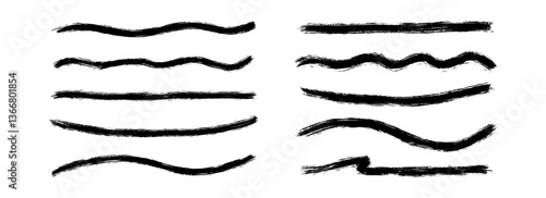 Straight and wavy paint line set. Thin and thick sketch brush stroke collection. Rough charcoal curved stripes for highlight, underline, emphasis. Vector hand drawn long wave crayon chalk strips