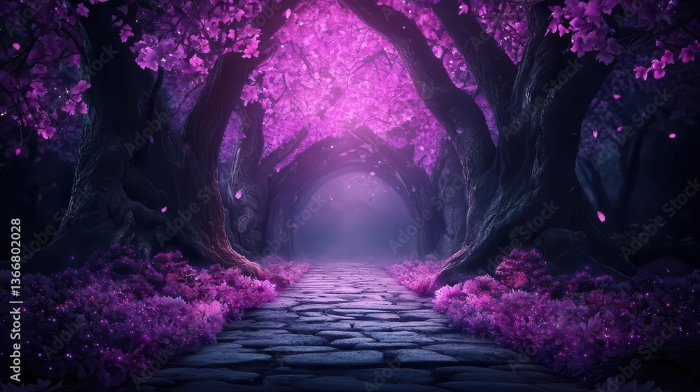 Fototapeta premium Enchanted forest with purple foliage, glowing flowers, and a soft magical aura, surreal fantasy landscape