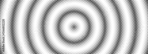Halftone circle background. Black and white dotted circular gradient. Radial comic target texture. Fading dot epicenter wallpaper concept. Grunge rough round pop art rasterized backdrop. Vector
