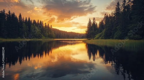 Fiery sky during golden hour over a forest lake, warm colors reflecting on the calm water surface