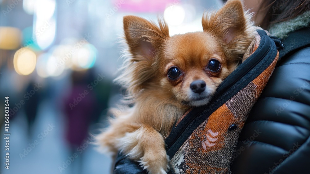 City Stroll: Chihuahua in Carrier. City Stroll: Chihuahua in Carrier.