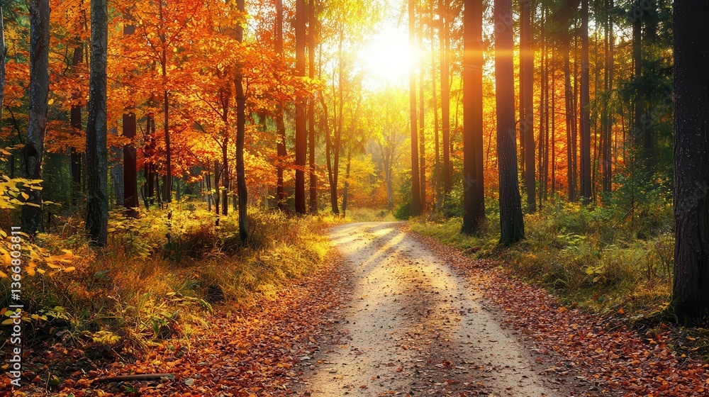Obraz premium Lush temperate forest in early autumn, colorful leaves in red, orange, and yellow hues, sunlit path, tranquil woodland scene