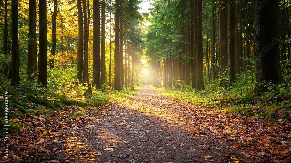 Fototapeta premium Narrow forest path with fallen leaves, sunbeams filtering through dense trees, peaceful nature walk