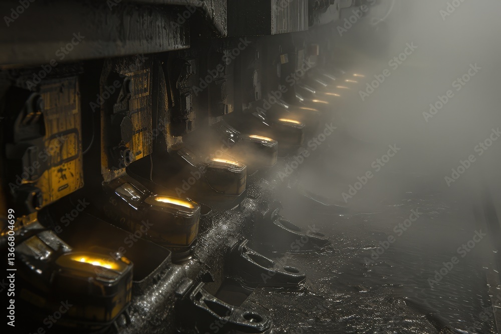 A close-up view of industrial machinery emitting steam and glowing elements, showcasing a high-tech manufacturing process. A close-up view of industrial machinery emitting steam and glowing elements, showcasing a high-tech manufacturing process.
