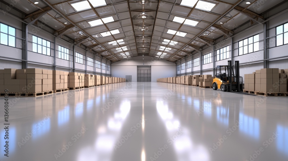 Spacious warehouse interior with stacked boxes and a forklift ready for use Spacious warehouse interior with stacked boxes and a forklift ready for use
