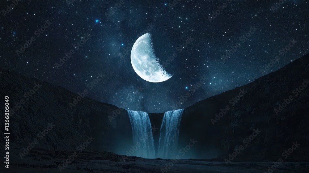 Fototapeta premium A floating moon above twin waterfalls falling in opposite directions, stars glowing in a cosmic balance