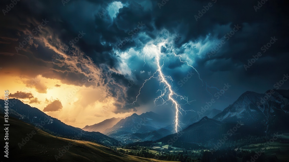Fototapeta premium Powerful thunderstorm over a mountain valley, dark clouds swirling with bolts of lightning illuminating the sky