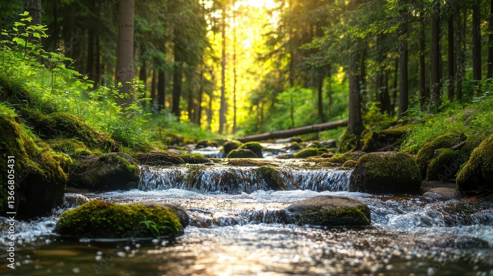 Obraz premium Quiet forest stream with small cascades over rocks, mosscovered banks and soft sunlight filtering through trees