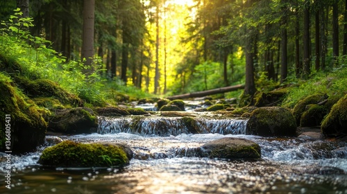 Quiet forest stream with small cascades over rocks, mosscovered banks and soft sunlight filtering through trees